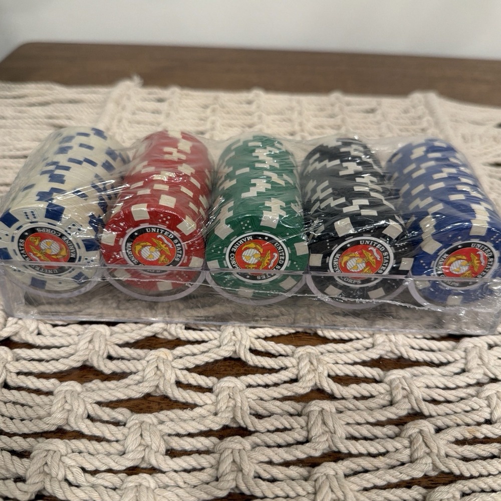 Marine Corp Poker Chip Set W/ Seal & Dice Design Vintage $1 $5 $25 $100 $500